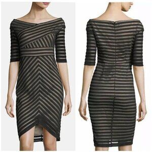 Jax Black Label Sz 8 Off-the-Shoulder Illusion Stripe Sheath Dress Black M Tulip